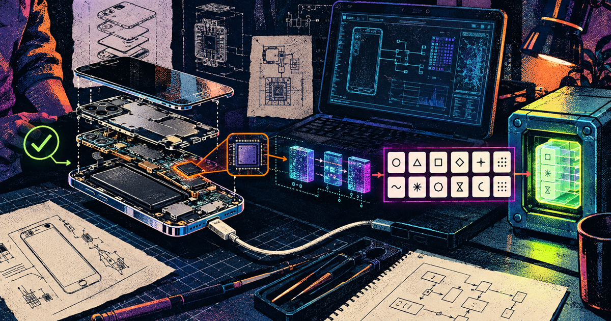 Cypherpunk device-forensics illustration of a wallet seed being extracted from a phone